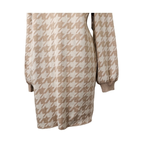 Knit houndstooth puff sleeve tan and white midi dress NWT - Picture 11 of 14